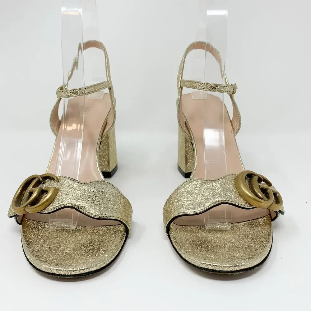 Gucci Marmont Metallic Gold GG Block Heel Sandals Size 37